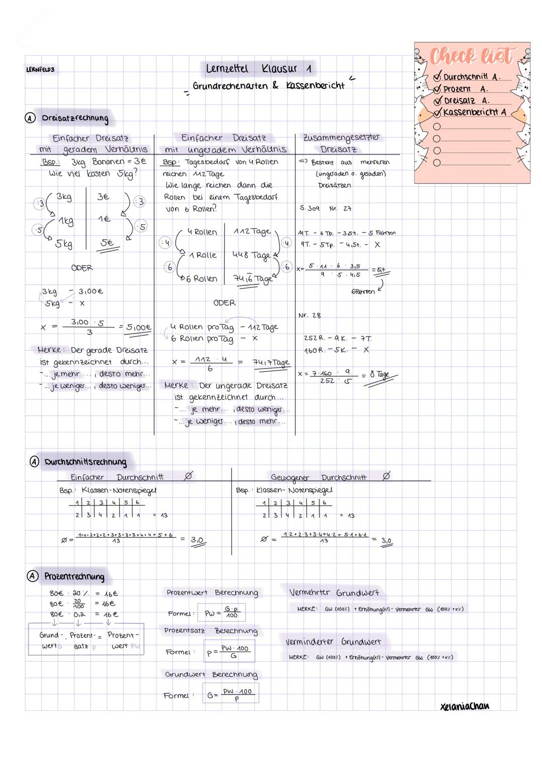 LERNFELD3
Lernzettel Klausur 1
Grundrechenasten & Kassenbericht
④ Dreisatzrechnung
Einfacher Dreisata
mit geradem Verhältnis
BSP 3kg Bana