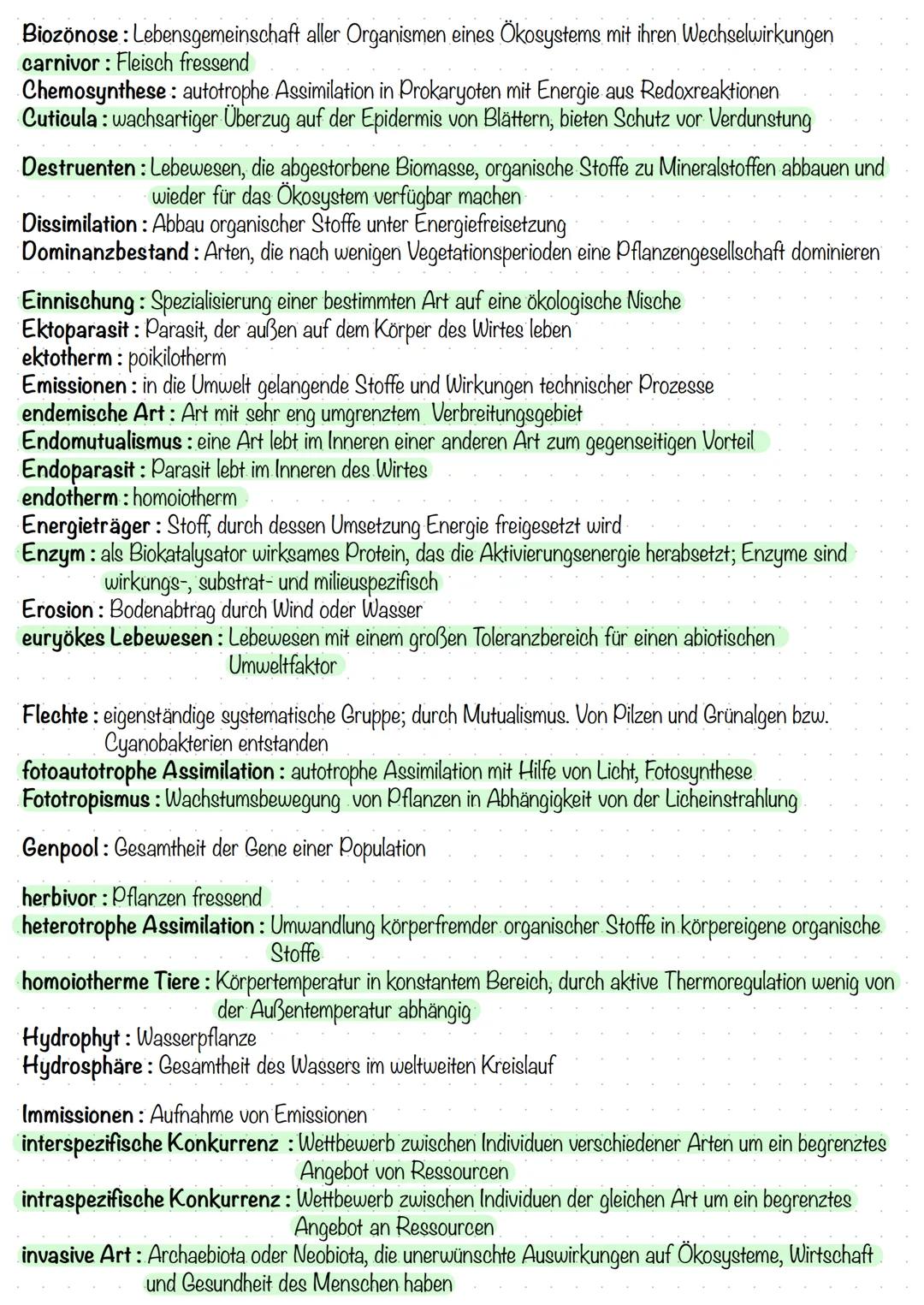 Ökologie - Fachbegriffe
Abiotischer Umweltfaktor: Faktor der unbelebten Umwelt
Absorption: Aufnahme bzw. Abschwächung von Strahlung und Umwa
