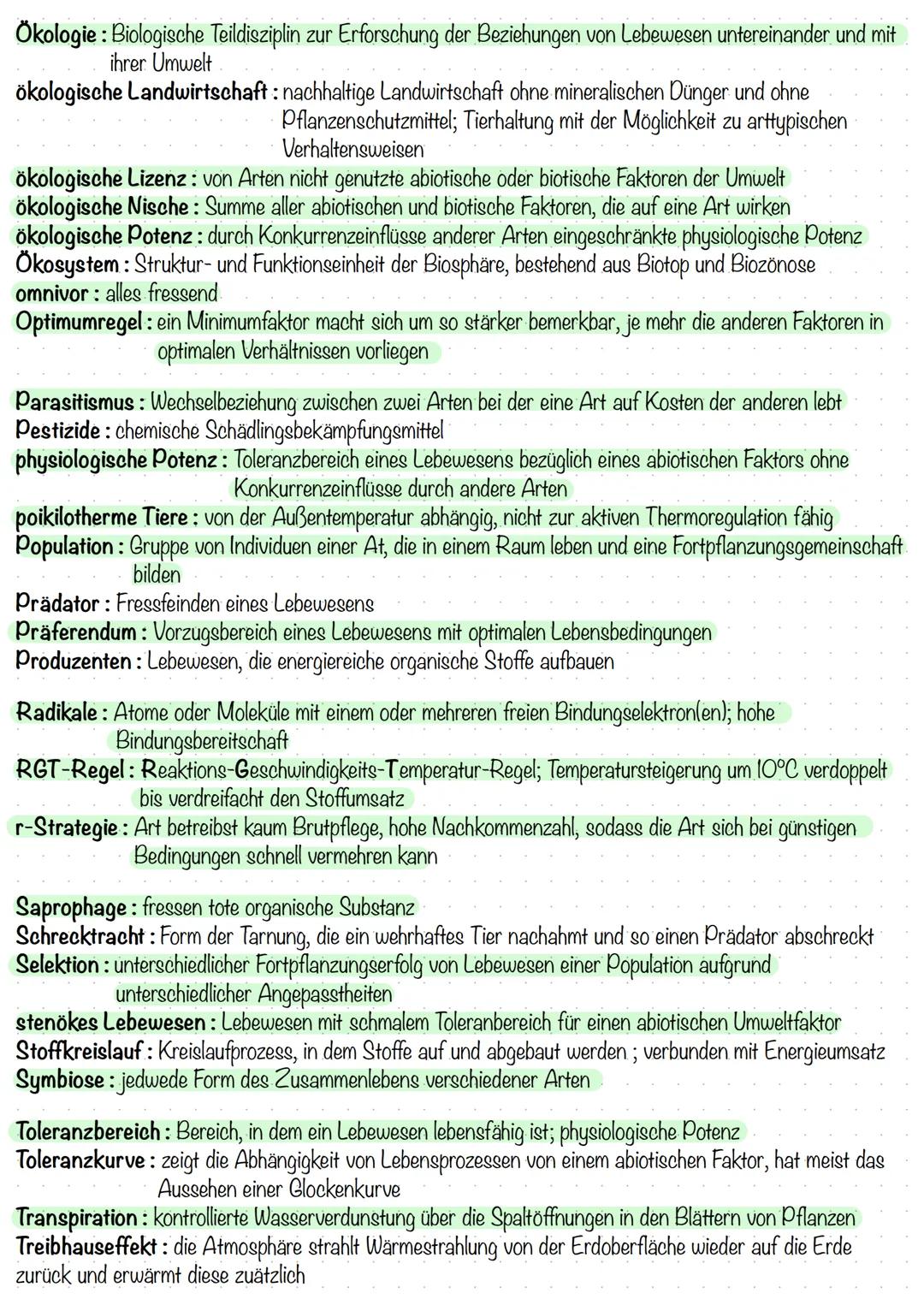 Ökologie - Fachbegriffe
Abiotischer Umweltfaktor: Faktor der unbelebten Umwelt
Absorption: Aufnahme bzw. Abschwächung von Strahlung und Umwa