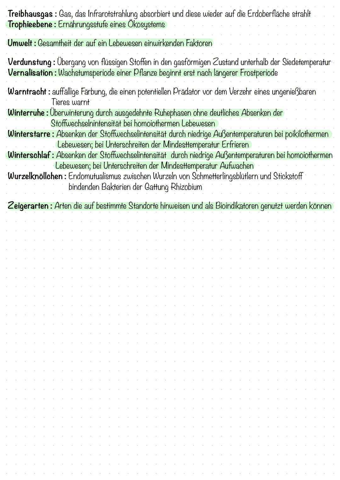 Ökologie - Fachbegriffe
Abiotischer Umweltfaktor: Faktor der unbelebten Umwelt
Absorption: Aufnahme bzw. Abschwächung von Strahlung und Umwa