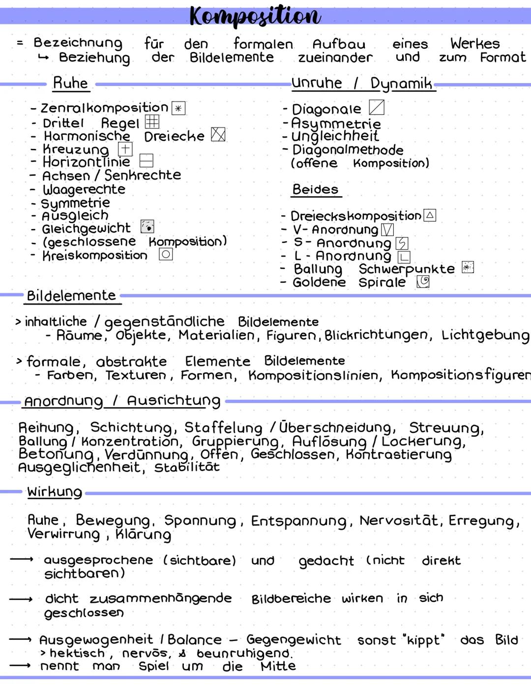 # Komposition
= Bezeichnung für den formalen Aufbau eines Werkes
→Beziehung der Bildelemente zueinander und zum Format
Ruhe
- Zenralkompo