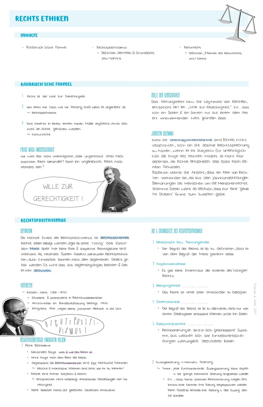 KELSEN
RECHTS ETHIKEN
INHALTE
- Radbruch'sche Formel
RADBRUCH'SCHE FORMEL
1
Recht ist der Wille zur Gerechtigkeit
? Das Recht hat nach wie v