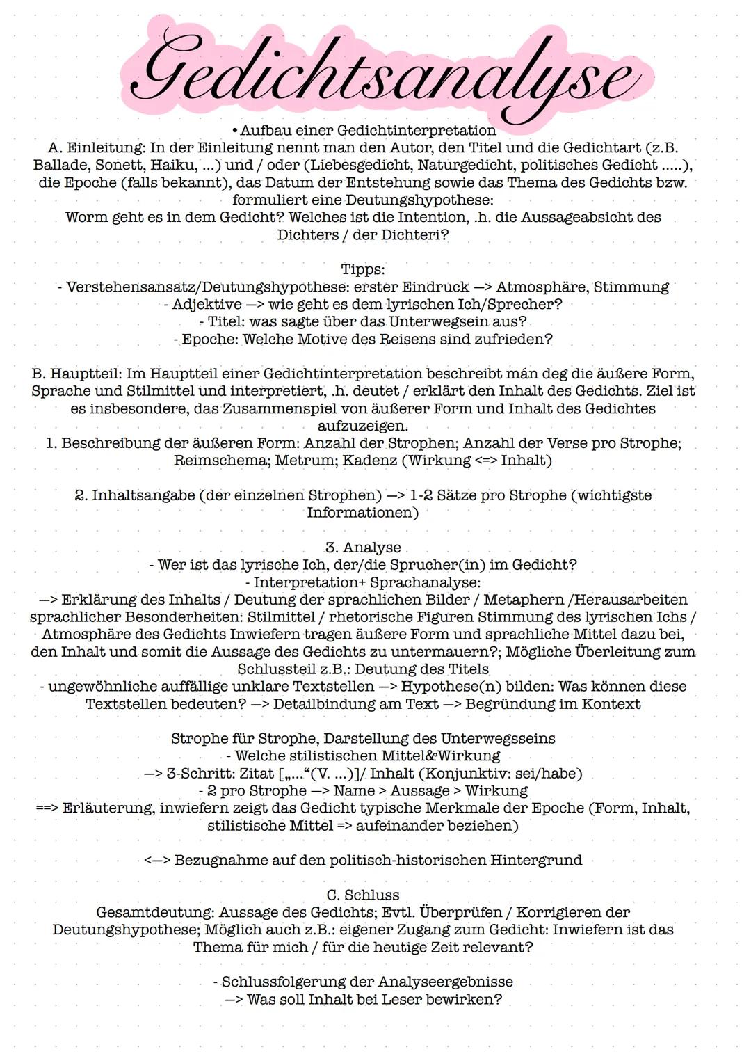 Gedichtsanalyse
• Aufbau einer Gedichtinterpretation
A. Einleitung: In der Einleitung nennt man den Autor, den Titel und die Gedichtart (z.B