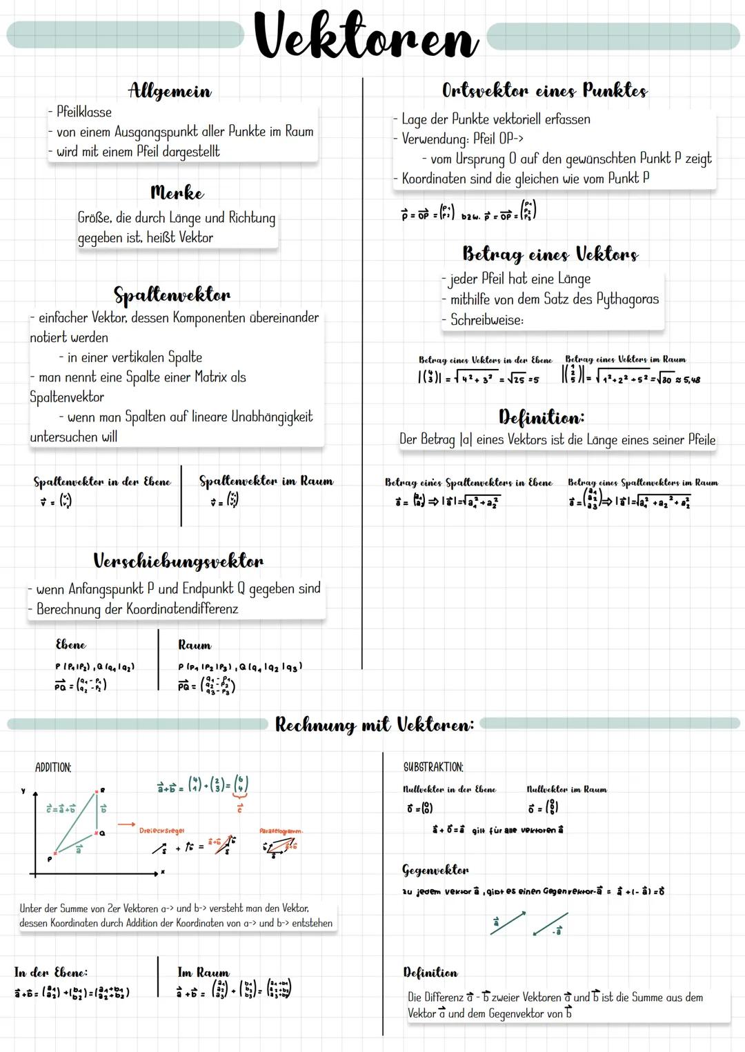 # Vektoren
Allgemein
- Pfeilklasse
- von einem Ausgangspunkt aller Punkte im Raum
- wird mit einem Pfeil dargestellt
Merke
Größe, die durc