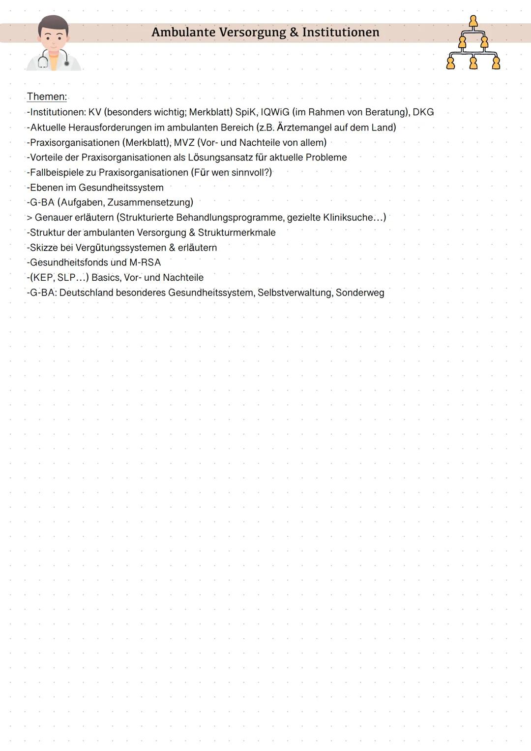 Ambulante Versorgung & Institutionen
Themen:
-Institutionen: KV (besonders wichtig; Merkblatt) SpiK, IQWiG (im Rahmen von Beratung), DKG
-Ak