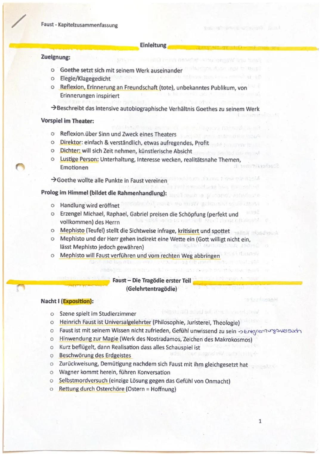 Faust - Kapitelzusammenfassung
Zueignung:
o Goethe setzt sich mit seinem Werk auseinander
o Elegie/Klagegedicht
o Reflexion, Erinnerung an F