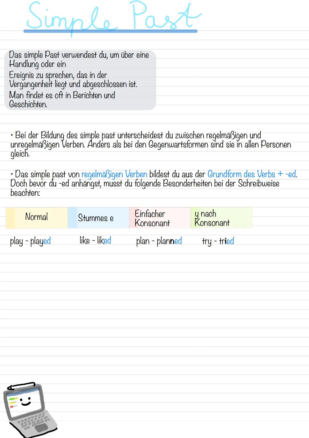 # Simple Past
Das simple Past verwendest du, um über eine
Handlung oder ein
Ereignis zu sprechen, das in der
Vergangenheit liegt und abgesc