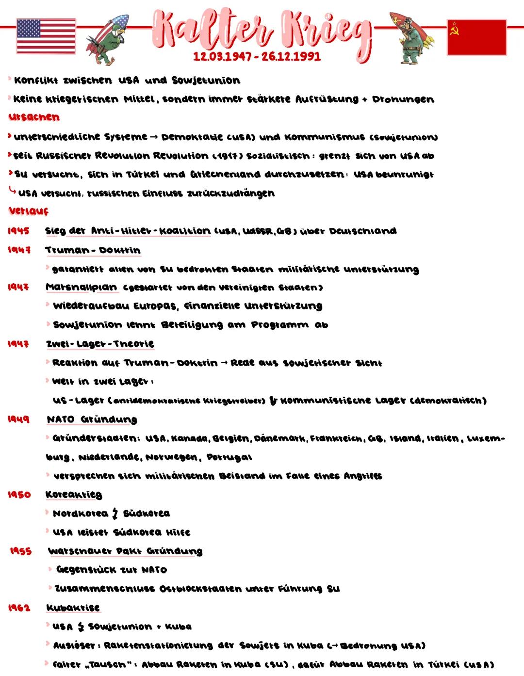 Konflikt zwischen USA und Sowjetunion
keine kriegerischen Mittel, sondern immer stärkere Aufrüstung + Drohungen
ursachen
> unterschiedliche