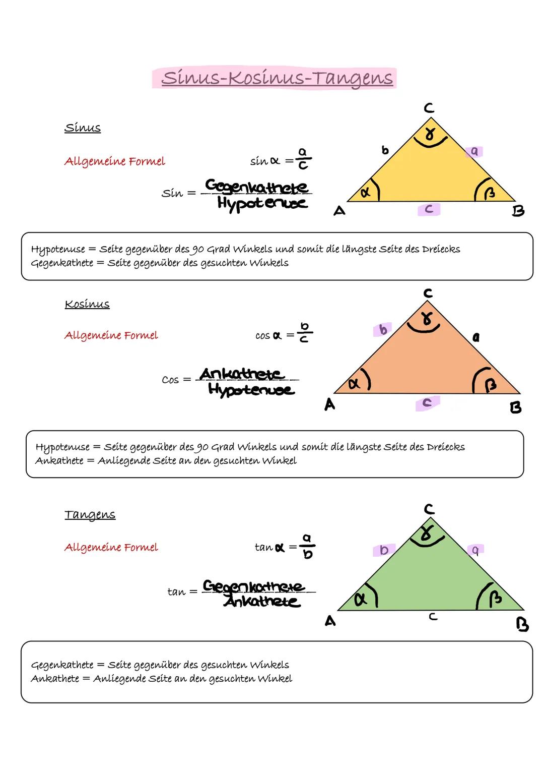 Sinus
Allgemeine Formel
Kosinus
Allgemeine Formel
Sinus-Kosinus-Tangens
Tangens
Sin =
Allgemeine Formel
Cos =
sín α =
=ª
Hypotenuse = Seite