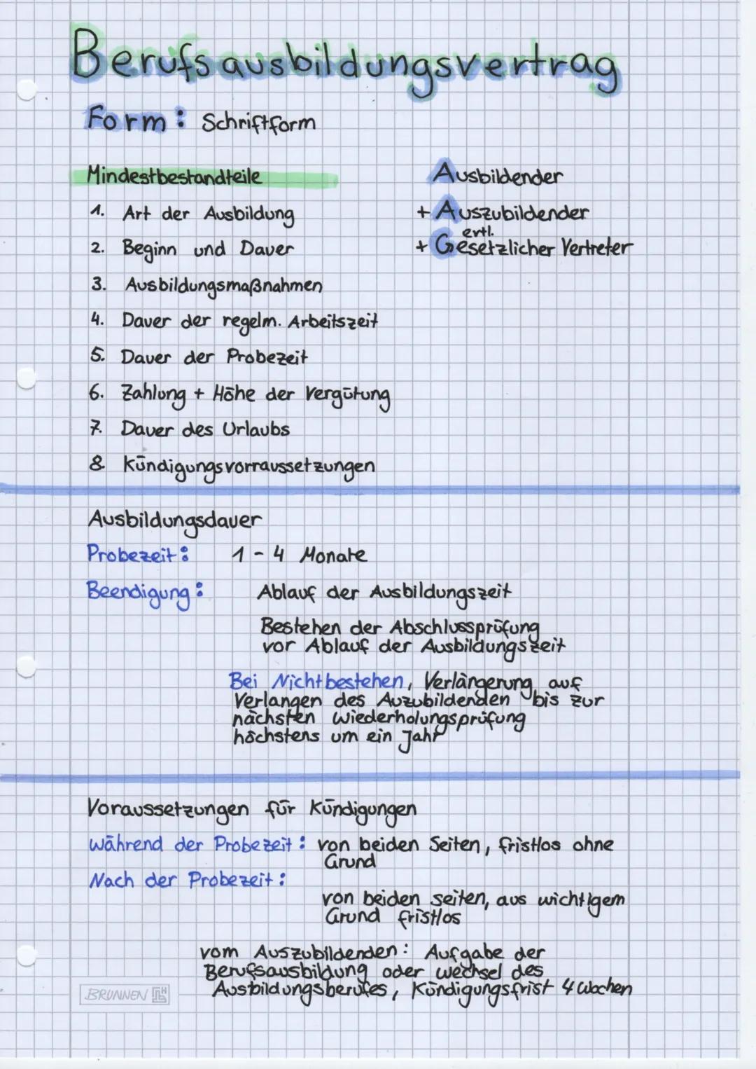 Berufsausbildungsvertrag
Form: Schriftform
Mindestbestandteile
1. Art der Ausbildung
2. Beginn und Daver
3. Ausbildungsmaßnahmen
4. Daver de