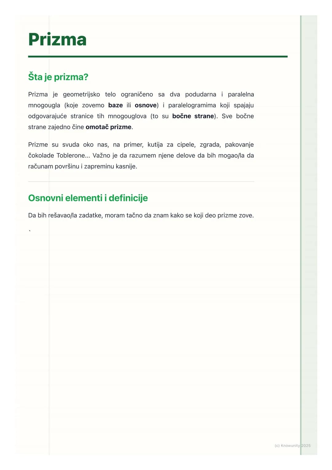 # Prizma
Šta je prizma?
Prizma je geometrijsko telo ograničeno sa dva podudarna i paralelna
mnogougla (koje zovemo baze ili osnove) i para