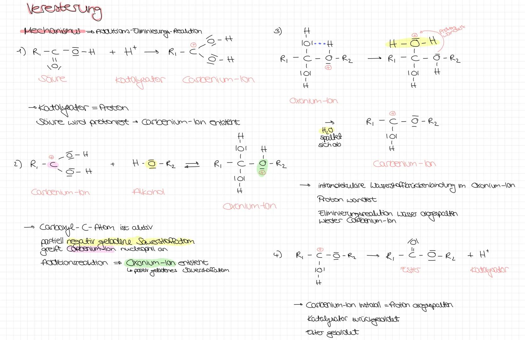 Veresterung
Mechanismus = Addition-Eliminierungs-Realotion
1) R-C-01土
+ H+
R-C
11
101
Säure
Katalysator
- H
0-4
Carbenium-lon
3)
H
1
10