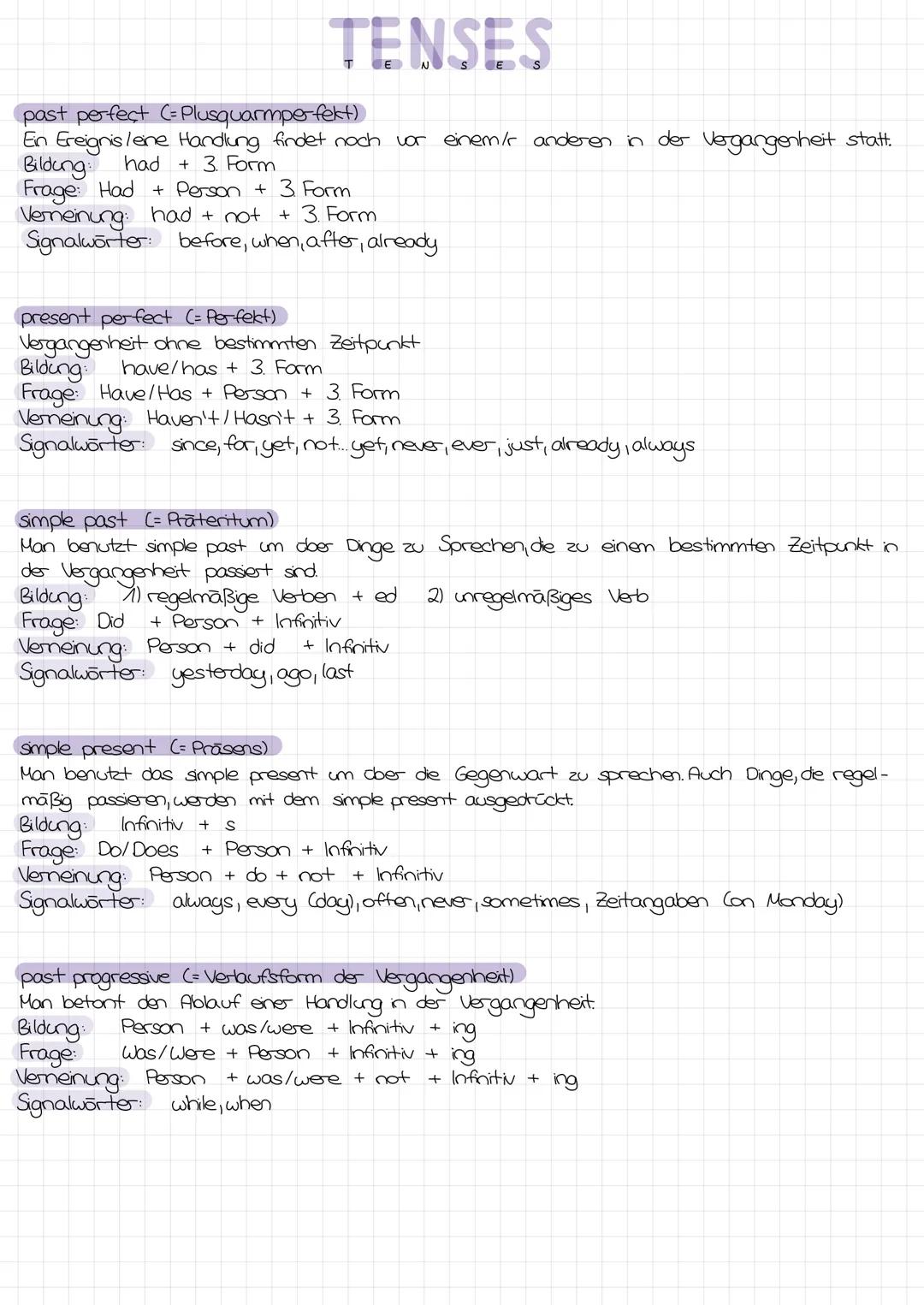 # TENSES
past perfect (=Plusquamperfekt)
En Ereignisleine Handlung findet noch vor einemir anderen in der Vergangenheit statt.
Bildung: h