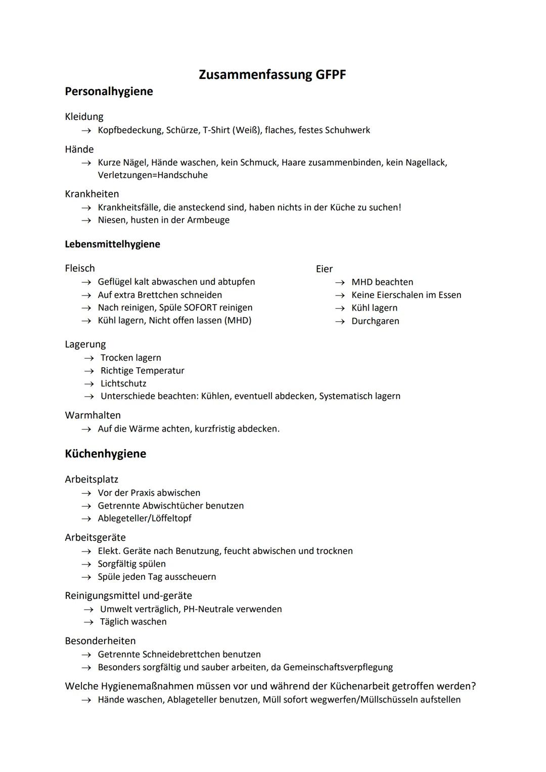 Personalhygiene
Kleidung
→ Kopfbedeckung, Schürze, T-Shirt (Weiß), flaches, festes Schuhwerk
Hände
→ Kurze Nägel, Hände waschen, kein Schmuc