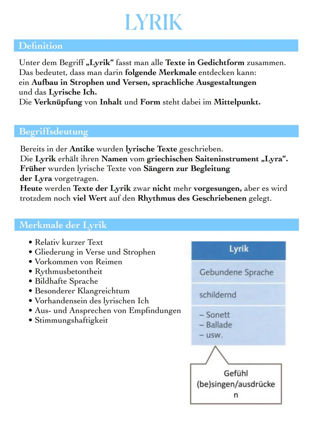 # LYRIK
## Definition
Unter dem Begriff „Lyrik" fasst man alle Texte in Gedichtform zusammen.
Das bedeutet, dass man darin folgende Merkma