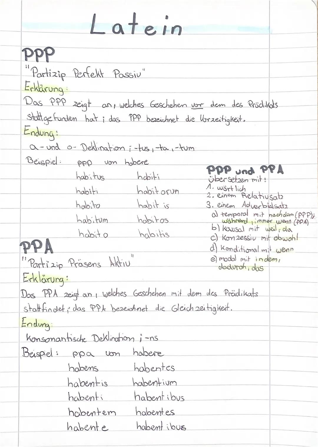 PPP
"Partizip Perfekt Passiv"
Erklärung
Latein
Das PPP zeigt an, welches Geschehen vor dem des Prädikats
stattgefunden hati das PPP bezeichn