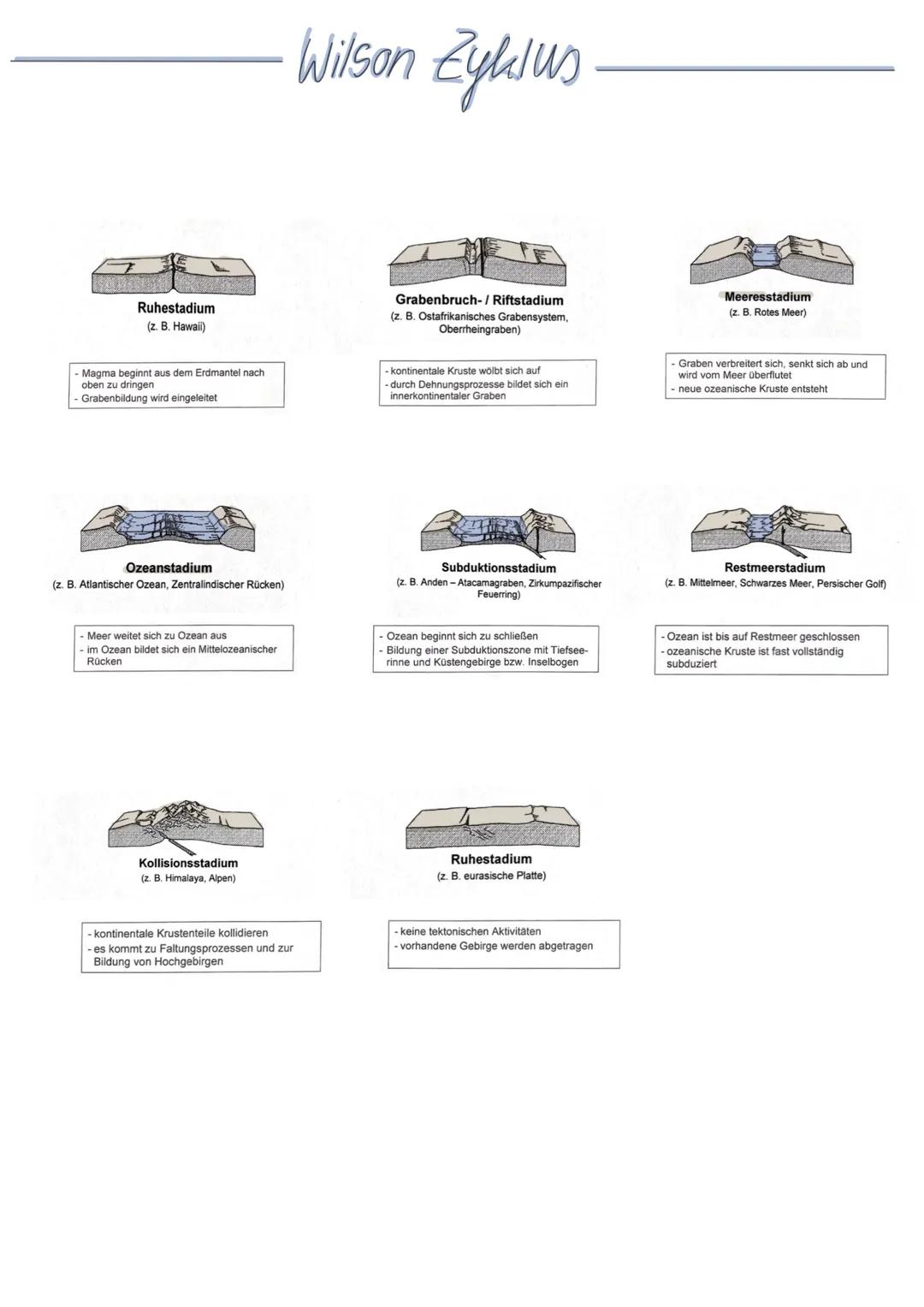 # Wilson Zyklus
Ruhestadium
(z. B. Hawaii)
- Magma beginnt aus dem Erdmantel nach
oben zu dringen
- Grabenbildung wird eingeleitet
Grabenb