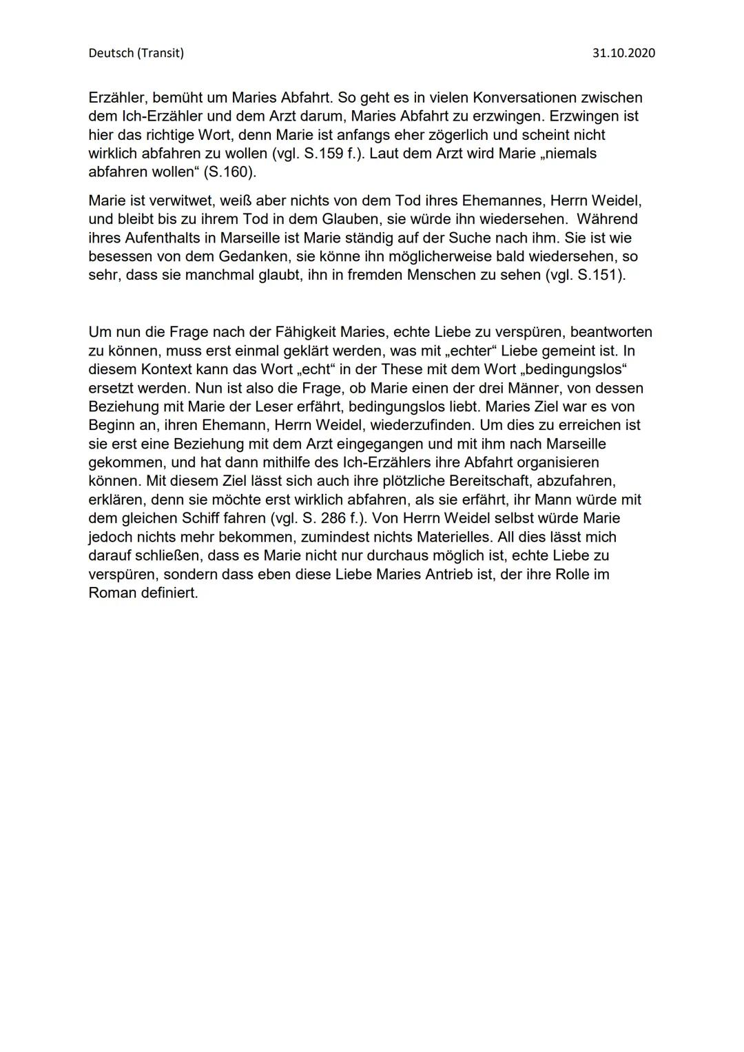 Deutsch (Transit)
31.10.2020
# Figurenanalyse - Marie
Der von Anna Seghers verfasste, epische Roman „Transit", der im Jahre 1948
erstmals i