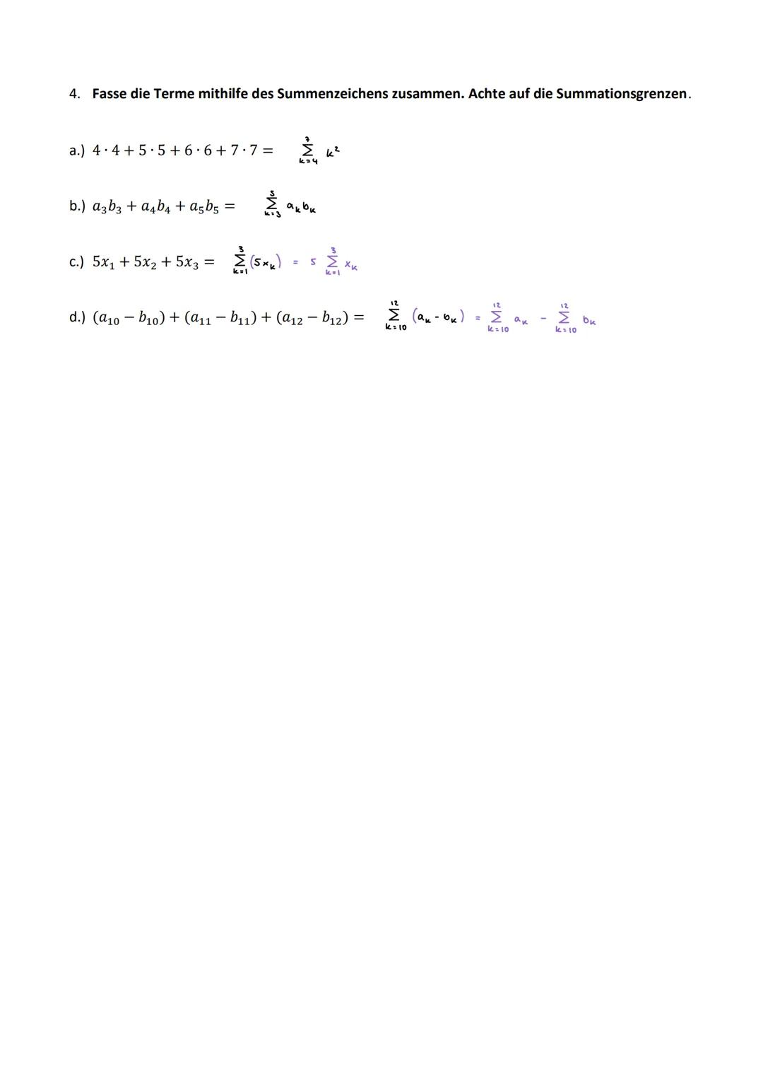1. Berechne.
5
α.)
1.) Στ2 = 28432442452-4+9+10+25 - 54
r=2
4
6
ΩΣ
¬k+ 2
α.) Σ
k=69
i = 1 + 2+ 3+4+5:15
b.) 12 + 22 + 32 =
3. Berechne.
4
e.