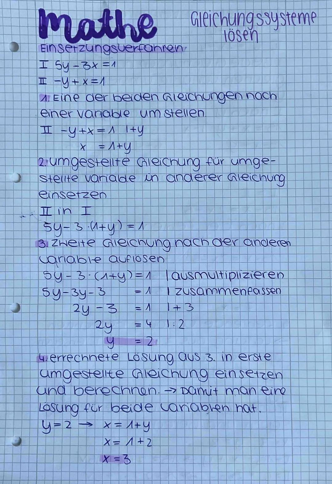 mathe Gleichungssysteme
Einsetzungsverfahren.
I Sy-3x = 1
I-U+x=1
A. Eine der beiden Gleichungen nach
einer variable um stellen.
I _Y+x= 1 1