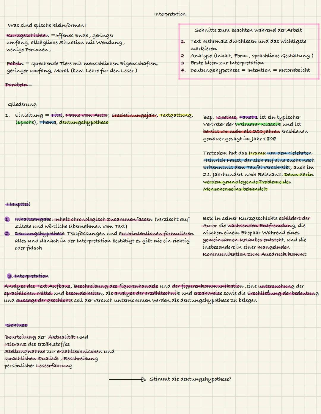 Interpretation
was sind epische kleinformen?
Kurzgeschichten =offenes Ende, geringer
umfang, alltägliche Situation mit Wendung,
wenige Per