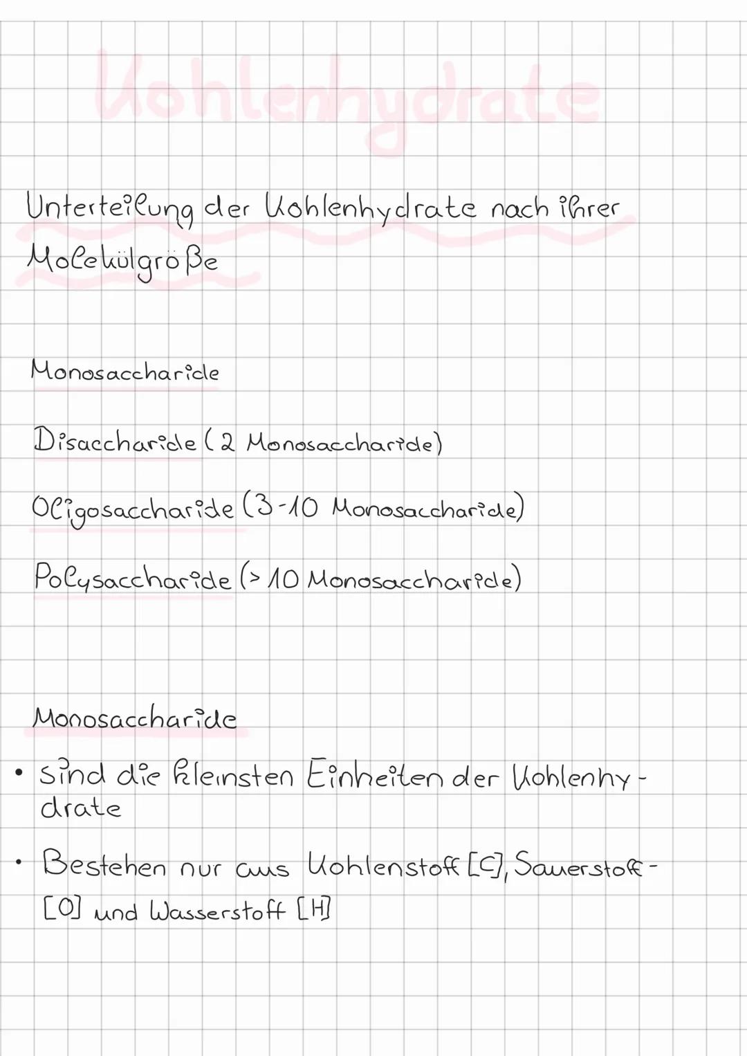 Unterteilung der Kohlenhydrate nach ihrer
Molekülgroße
Monosaccharicle
Disaccharide (2 Monosaccharide)
Oligosaccharide (3-10 Monosacchari