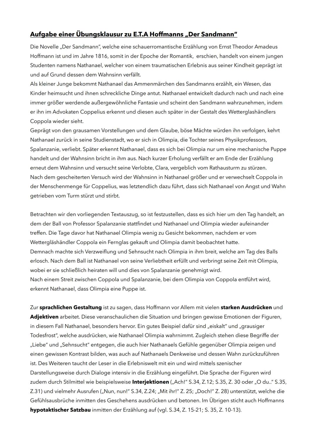 Aufgabe einer Übungsklausur zu E.T.A Hoffmanns „Der Sandmann"
Die Novelle ,,Der Sandmann", welche eine schauerromantische Erzählung von Erns