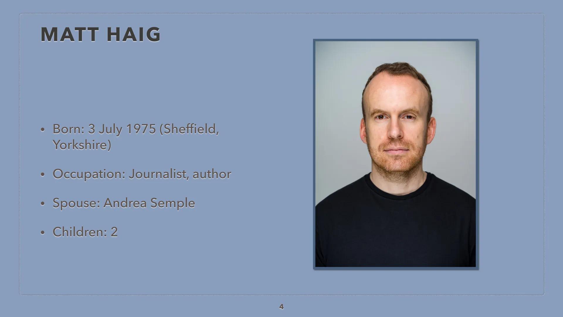 THE MIDNIGHT LIBRARY
BY MATT HAIG
1 TABLE OF CONTENT
●
●
the author
the book
Characters
Story Line
Conclusion
Sources
2 THE AUTHOR
3 MATT HA