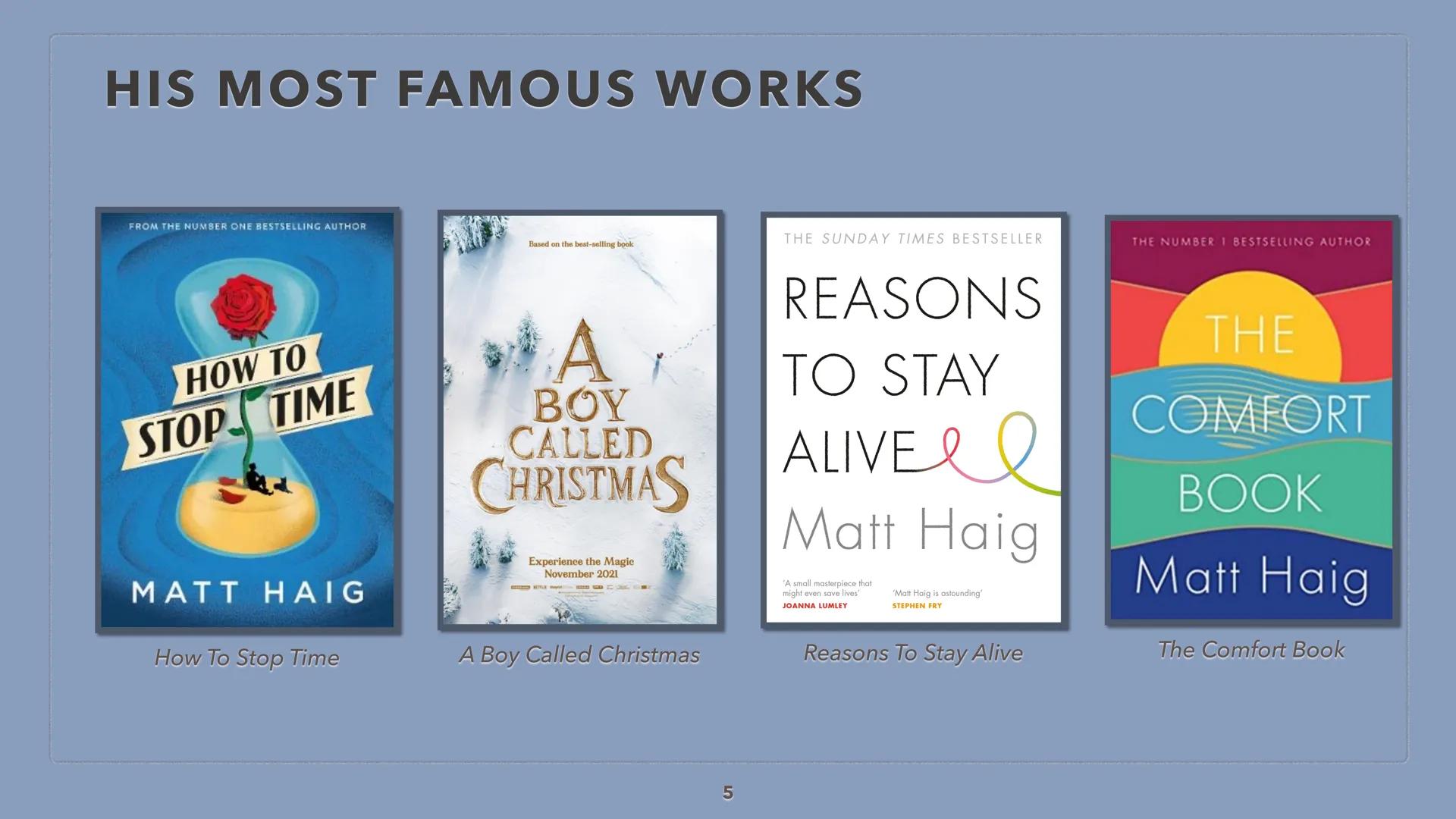 THE MIDNIGHT LIBRARY
BY MATT HAIG
1 TABLE OF CONTENT
●
●
the author
the book
Characters
Story Line
Conclusion
Sources
2 THE AUTHOR
3 MATT HA