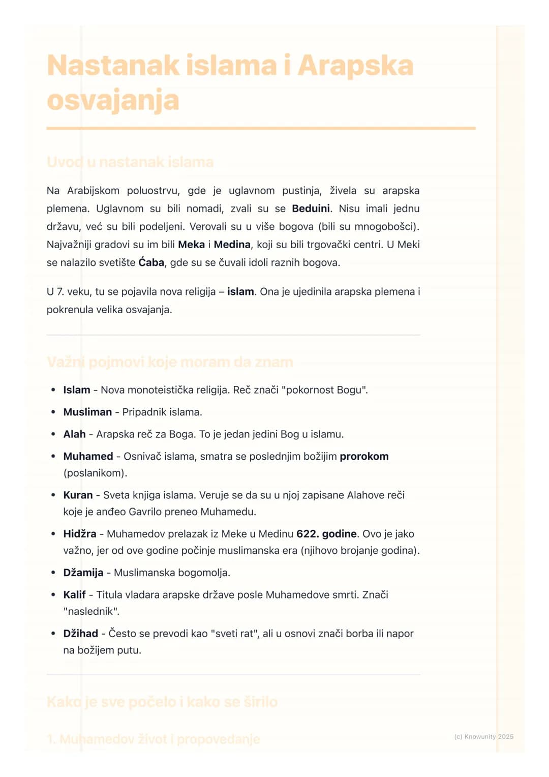 # Nastanak islama i Arapska
osvajanja
Uvod u nastanak islama
Na Arabijskom poluostrvu, gde je uglavnom pustinja, živela su arapska
plemena