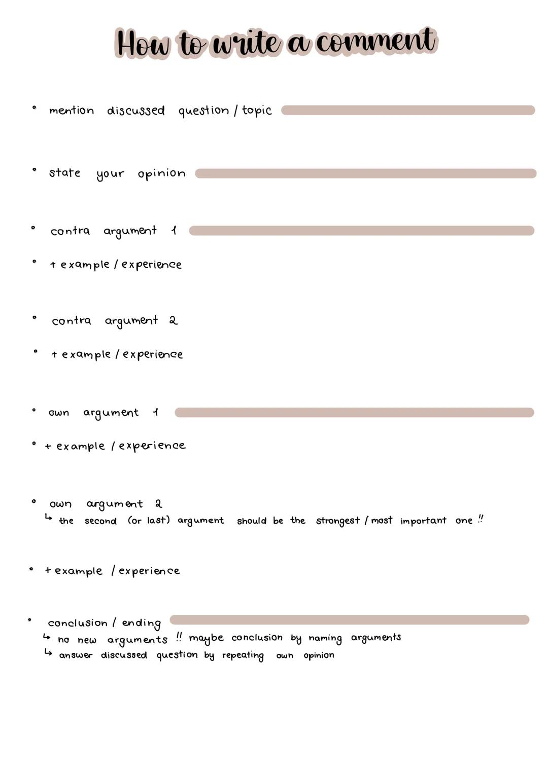# How to write a comment
* mention discussed question / topic
* state your opinion
* contra argument 1
* + example/experience
*