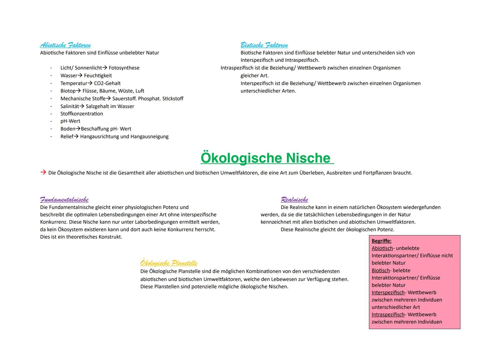 Abiotische Faktoren
Abiotische Faktoren sind Einflüsse unbelebter Natur
Licht/Sonnenlicht Fotosynthese
Wasser Feuchtigkeit
Temperatur CO2-Ge