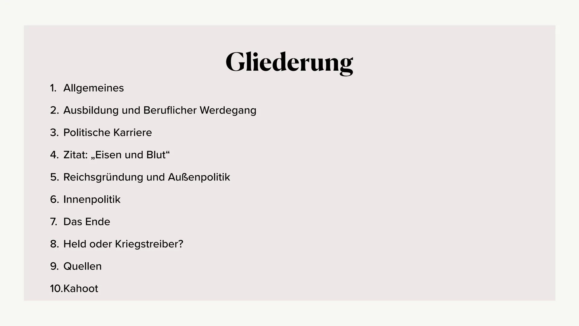 # Otto von Bismarck
Von:Asmen,Piotr und Isioma 25.10.2022 # Gliederung
1. Allgemeines
2. Ausbildung und Beruflicher Werdegang
3. Politisch