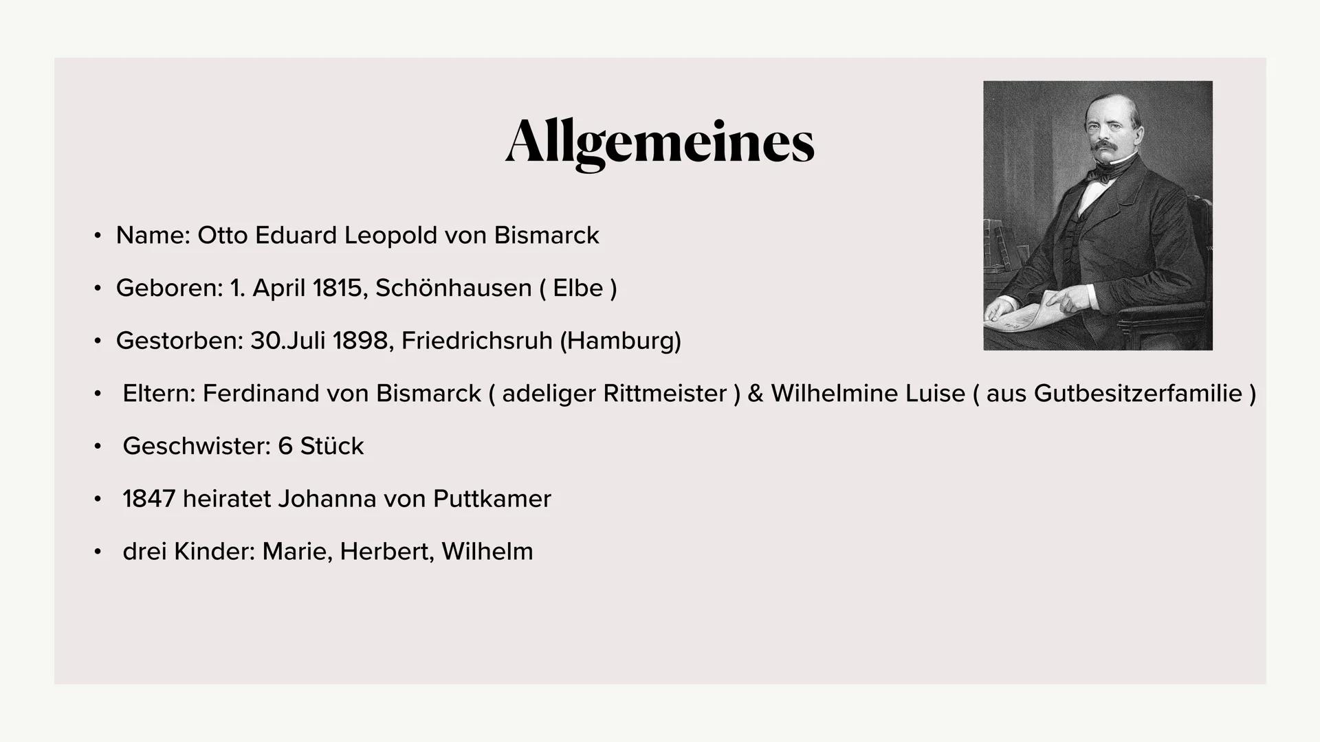 # Otto von Bismarck
Von:Asmen,Piotr und Isioma 25.10.2022 # Gliederung
1. Allgemeines
2. Ausbildung und Beruflicher Werdegang
3. Politisch