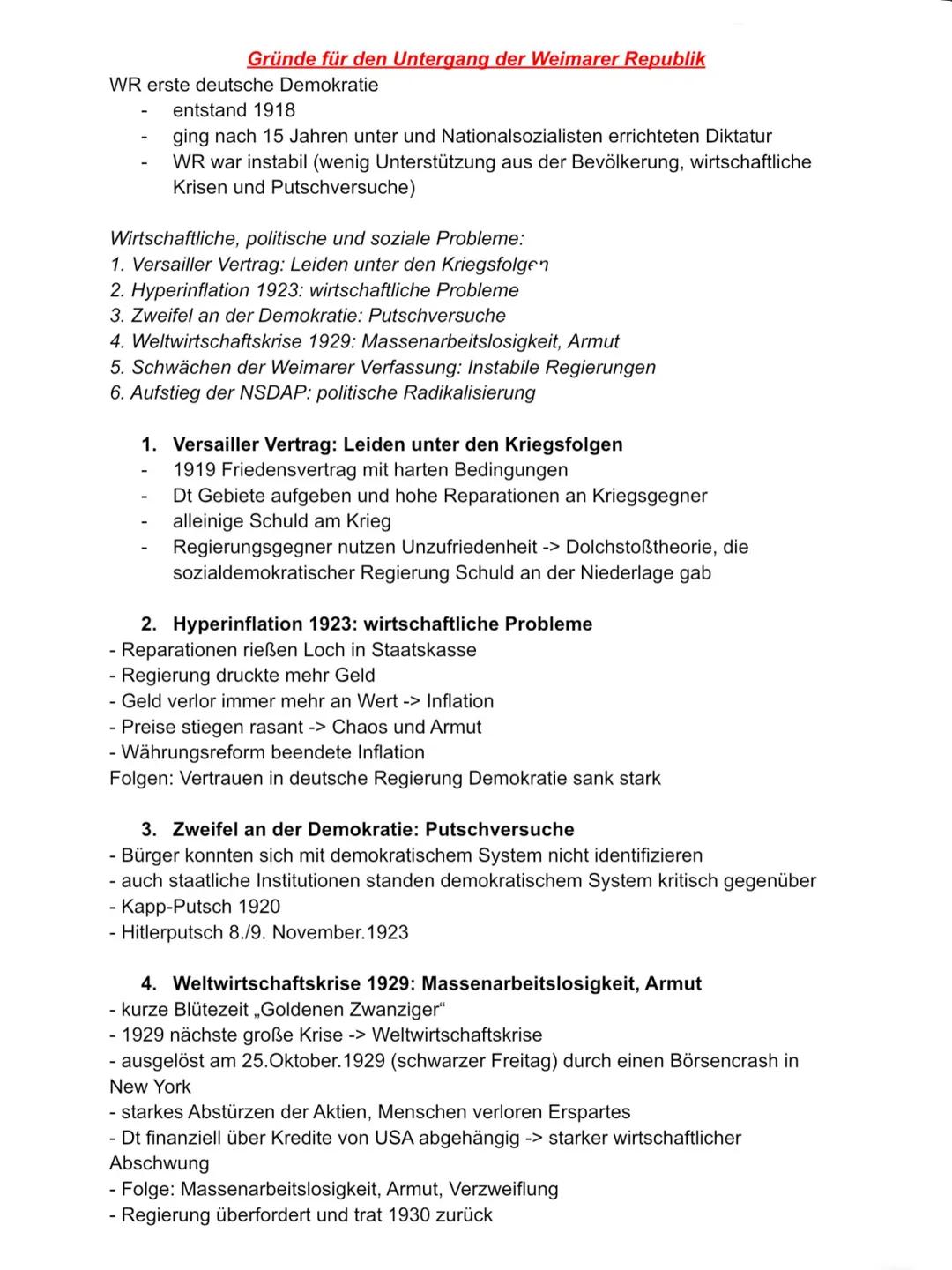 WR erste deutsche Demokratie
Gründe für den Untergang der Weimarer Republik
Wirtschaftliche, politische und soziale Probleme:
1. Versailler