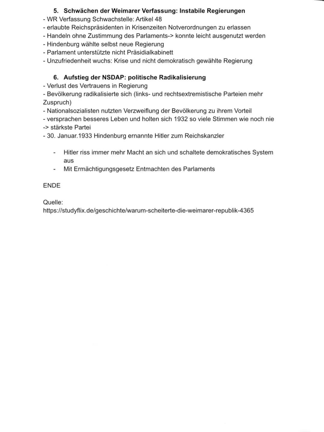 WR erste deutsche Demokratie
Gründe für den Untergang der Weimarer Republik
Wirtschaftliche, politische und soziale Probleme:
1. Versailler