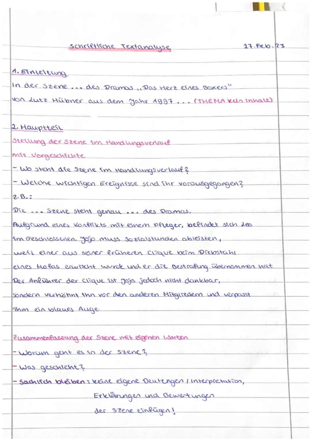 # schriftliche Textanalyse.
27.Feb.23
1. Einleitung
In der Szene ... des Dramas „Das Herz eines Boxers“
von Lutz Hübner aus dem Jahr 1997