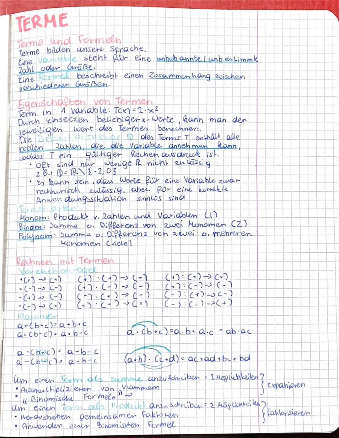 # TERME
Terme und Formeln
Terme bilden unsere Sprache.
Eine Variable steht für eine unbekannte / unb estimmte
Zahl oder Größe.
Eine Formel