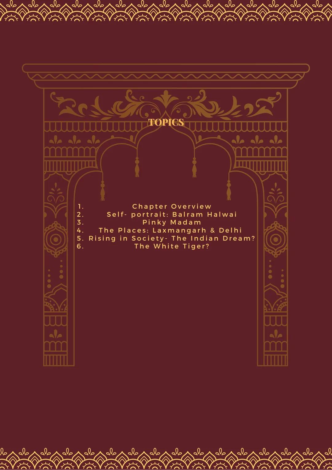 品
gol
10
1%
品
16
1%
包
THE WHITE
TIGER
www
ARAVIND ADIGA
go
%
% 4
go
go 1.
2.
3.
TOPICS
Chapter Overview
Self-portrait: Balram Halwai
Pinky M