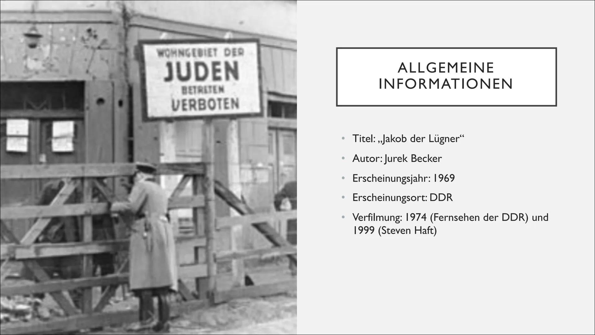 # JAKOB DER LÜGNER
-JUREK BECKER-
Eine Präsentation von Hannah ### GLIEDERUNG
* Allgemeine Informationen
* Inhalt von „Jakob der Lügne