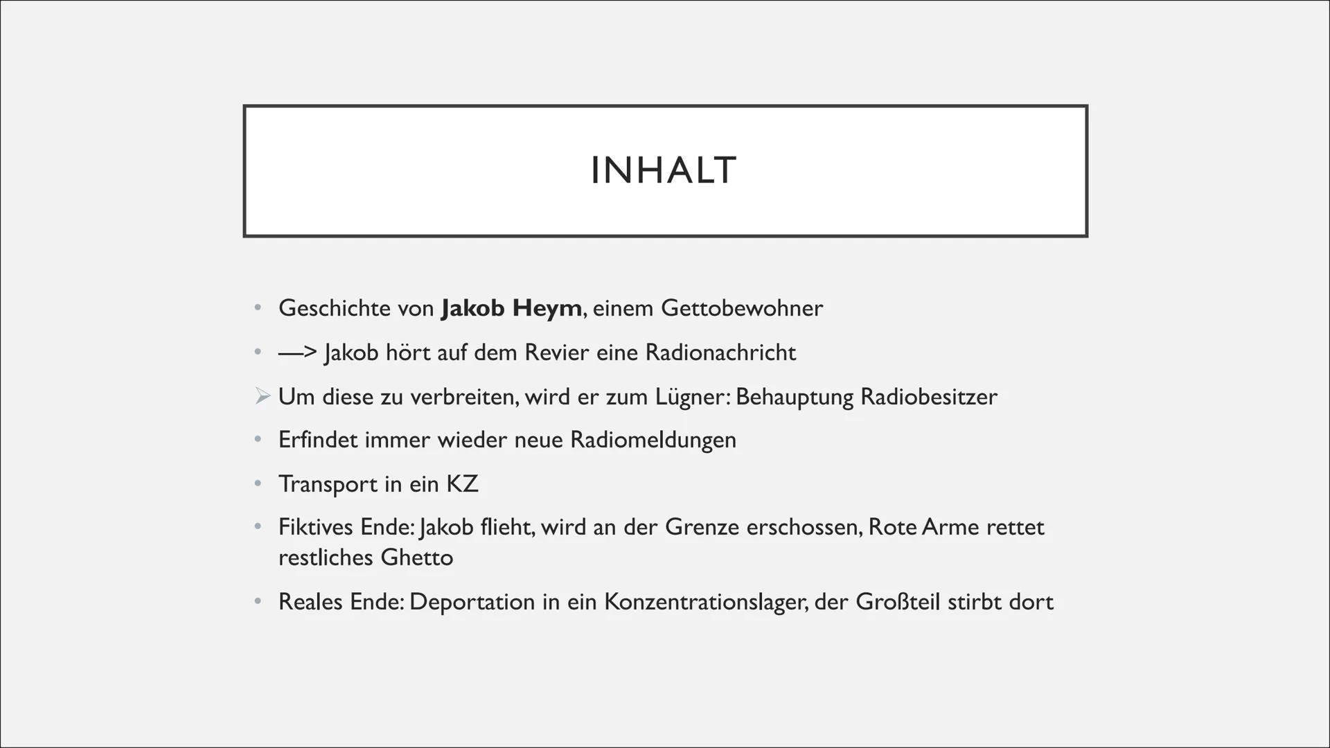 # JAKOB DER LÜGNER
-JUREK BECKER-
Eine Präsentation von Hannah ### GLIEDERUNG
* Allgemeine Informationen
* Inhalt von „Jakob der Lügne