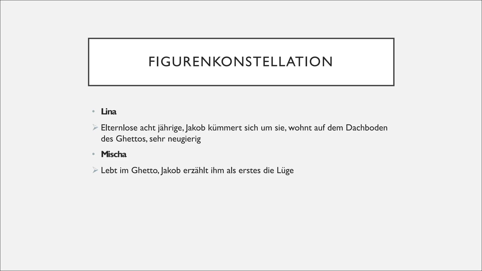 # JAKOB DER LÜGNER
-JUREK BECKER-
Eine Präsentation von Hannah ### GLIEDERUNG
* Allgemeine Informationen
* Inhalt von „Jakob der Lügne