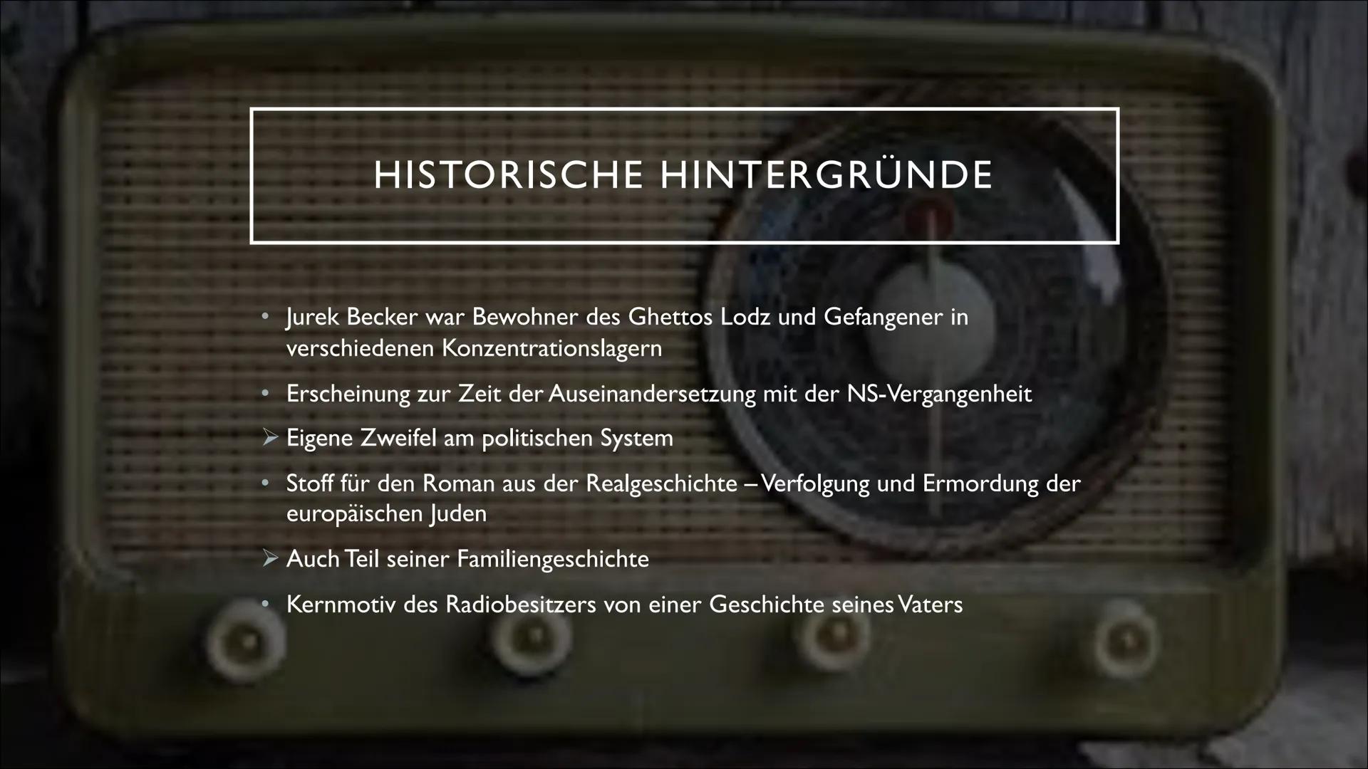 # JAKOB DER LÜGNER
-JUREK BECKER-
Eine Präsentation von Hannah ### GLIEDERUNG
* Allgemeine Informationen
* Inhalt von „Jakob der Lügne