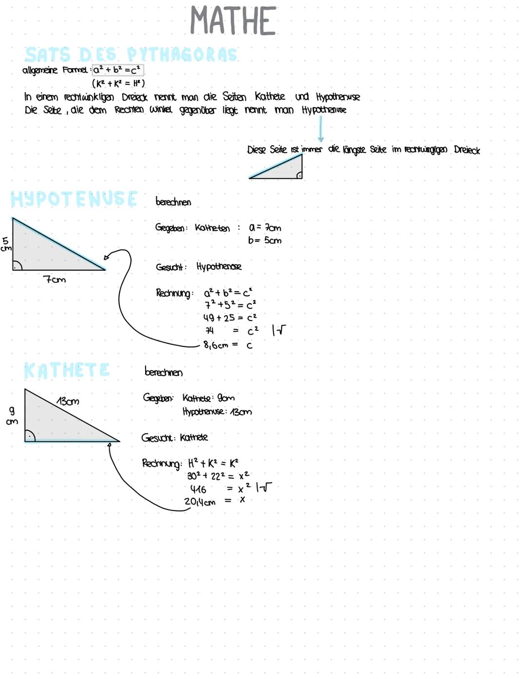 5
cm
g
cm
SATS DES PYTHAGORAS
allgemeine Formel: a² + b² = c²
HYPOTENUSE berechnen
(K² + K² = H²)
In einem rechtwinkligen Dreieck nennt man