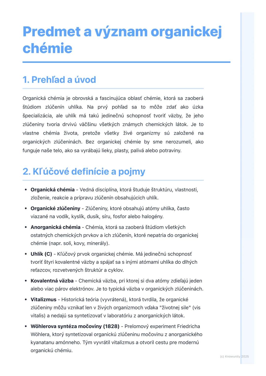 # Predmet a význam organickej
chémie
1. Prehľad a úvod
Organická chémia je obrovská a fascinujúca oblasť chémie, ktorá sa zaoberá
štúdiom