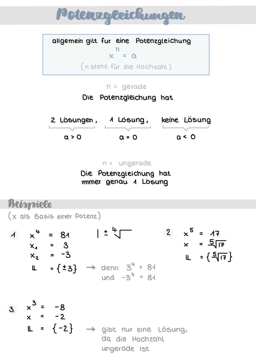 # Potenzgleichungen
allgemein gilt fur eine Potenzgleichung
$x^n = a$
(n steht für die Hochzahl)
n = gerade
Die Potenzgleichung hat
2