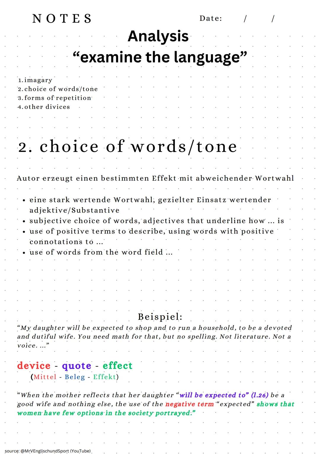 NOTES
1.imagary
2. choice of words/tone
3. forms of repetition
4. other divices
1.imagary
Analysis
"examine the language"
Autor benutzt Spra