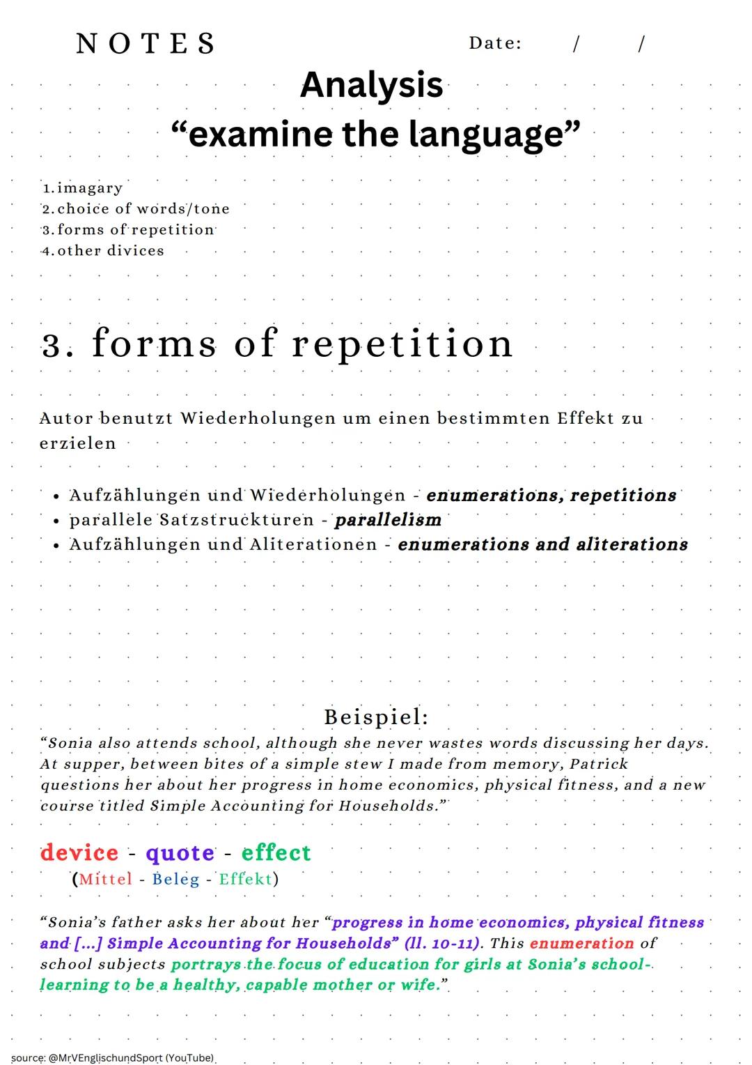 NOTES
1.imagary
2. choice of words/tone
3. forms of repetition
4. other divices
1.imagary
Analysis
"examine the language"
Autor benutzt Spra