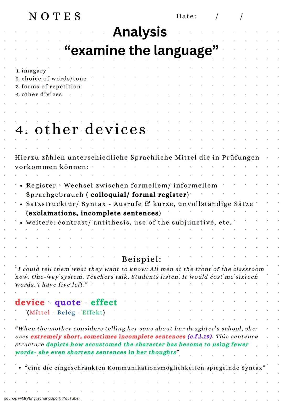 NOTES
1.imagary
2. choice of words/tone
3. forms of repetition
4. other divices
1.imagary
Analysis
"examine the language"
Autor benutzt Spra