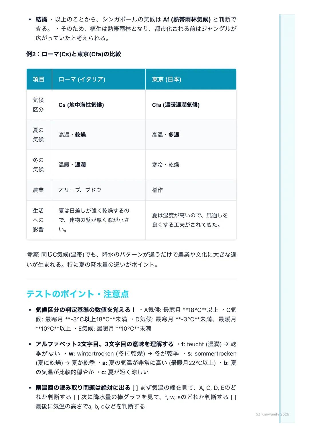 # 地球の気候と植生
地球の気候と植生
気候は、その土地の気温や降水量によって決まる。そして、気候はその土地にど
んな植物が育つか(植生)を決め、そこに住む人々の生活 (衣食住)にも大きな
影響を与えている。この関係を理解するのが大事。
## 基本的な用語と概念
- 気候